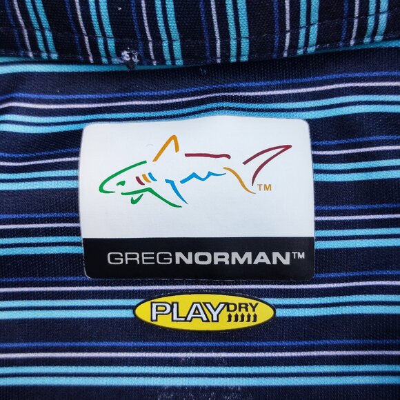 Greg Norman Golf Polo Shirt men size M blue colour classic bar stripe shark polo - Picture 4 of 9